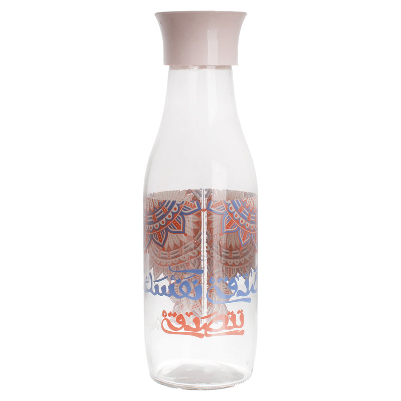 زجاجة مياه وعصير دائرية وغطاء صفاية  بلاستيك كشمير بتصميم مزخرف - (1000 مل)