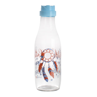 زجاجة مياه وعصير دائرية بلاستيك أزرق بطبعة قبعة ريش - (1000 مل)