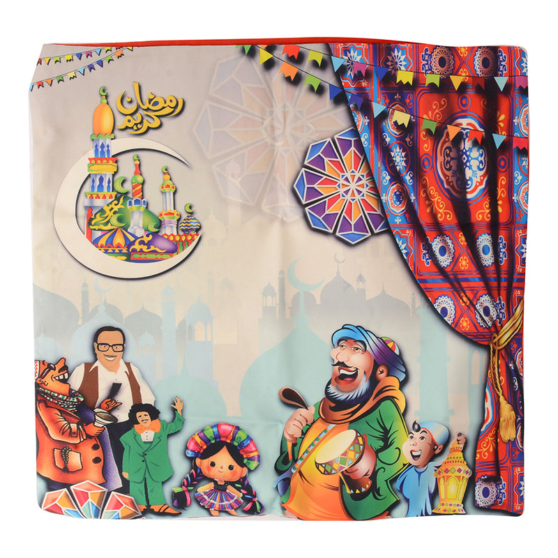 غطاء وساده مربع بسوستة بطباعه شخصيات رمضان (مسحراتي) احمر*رمادي 42*42 سم