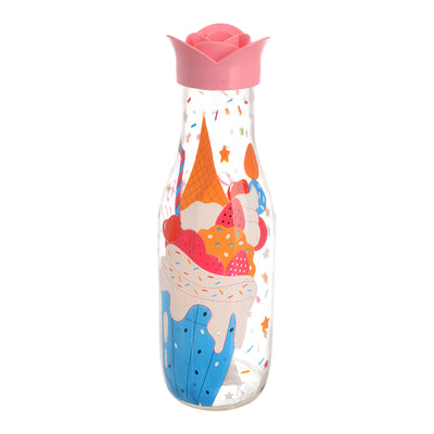 زجاجة مياه وعصير دائرية وغطاء بلاستيك بينك  بتصميم مزخرف (1000 مل)
