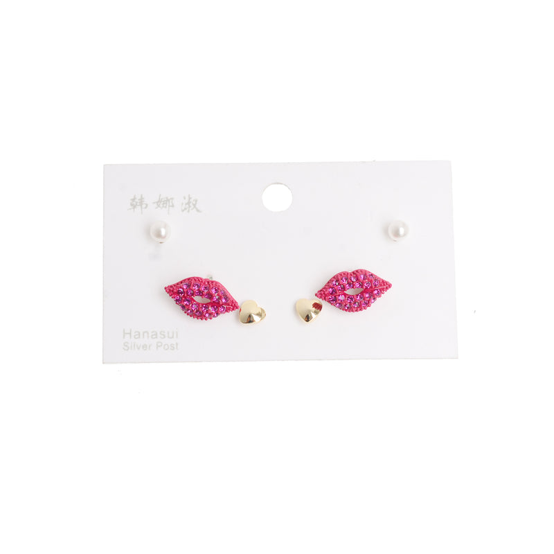 3-pair earring set in the shape of a fuchsia kiss