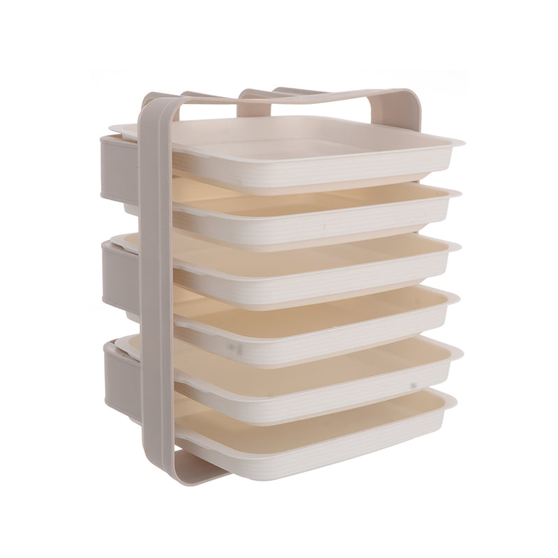 Beige wall mounted kitchen drawer organizer with 6 white layers for food storage 