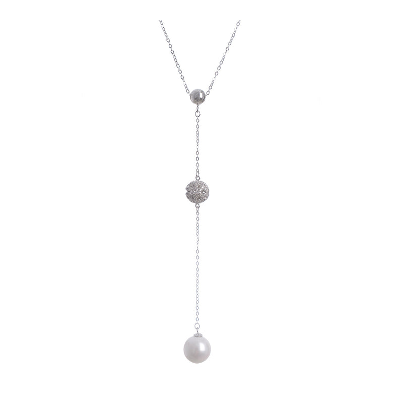 A thin chain with a white pearl pendant