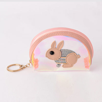 Round wallet with a rabbit design and a blue key chain