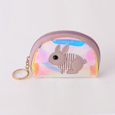 Round wallet with a rabbit design and a blue key chain