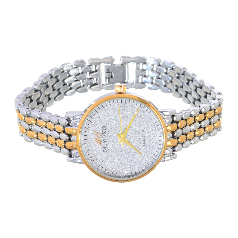 Metal watch for women with 2 large Miyoko bracelets, gold &amp; silver