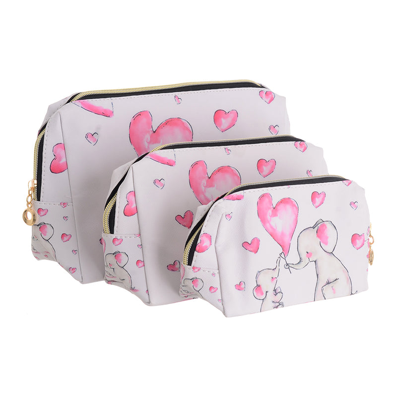 Makeup bag, 3 pieces of different sizes, white elephant pattern 