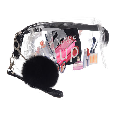 A small makeup bag with a fur ball