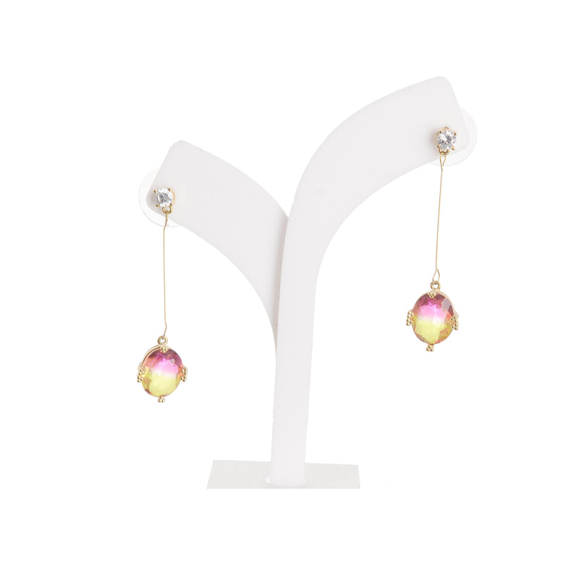 A long, colorful earring with a gold stud