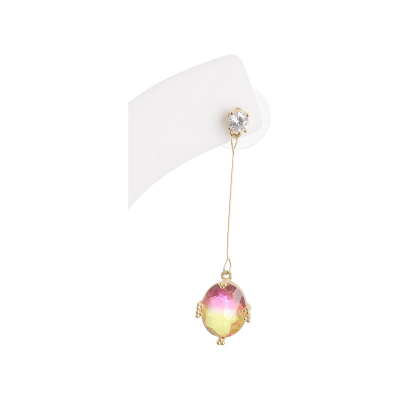 A long, colorful earring with a gold stud