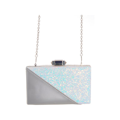 Glitter handbag with a rectangular lock and a silver chain