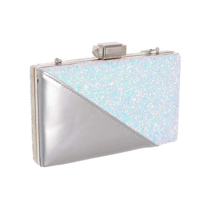 Glitter handbag with a rectangular lock and a silver chain