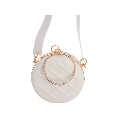 A round, waffle-shaped bag for women with a circular handle at the top and a white leather belt