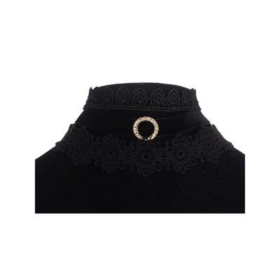 Women's choker necklace set, lace and velvet, black