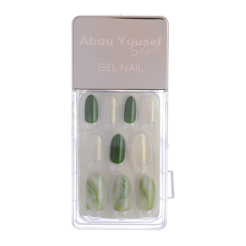 Gel nails, 30 nails, 12 sizes, from Abu Youssef Style, green*transparent, shiny 