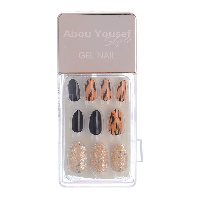 Gel nails, 30 nails, 12 sizes, from Abu Youssef, black, orange, and golden bronze style 