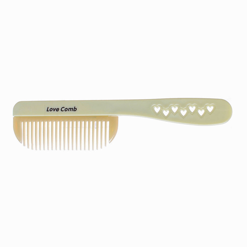 Wide tooth detangling comb with green heart-hole handle