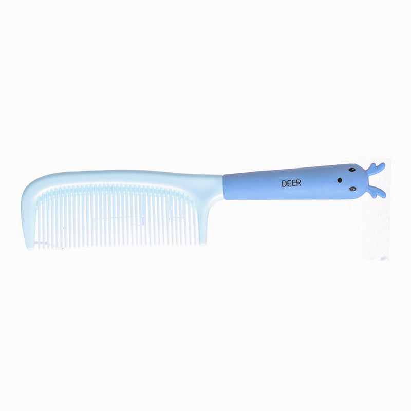 Wide tooth comb for detangling hair in the shape of a blue deer