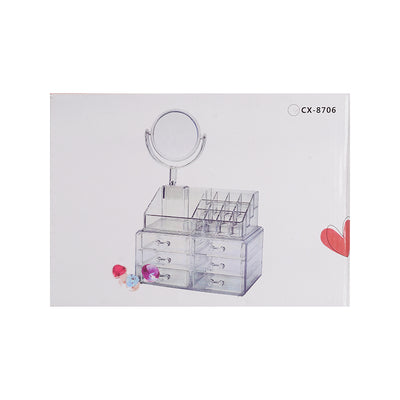 Stand and organizer for makeup and accessories, 6 drawers x 2 storage boxes with mirror - clear acrylic