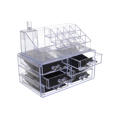 Stand and organizer for makeup and accessories, 6 drawers x 2 storage boxes with mirror - clear acrylic