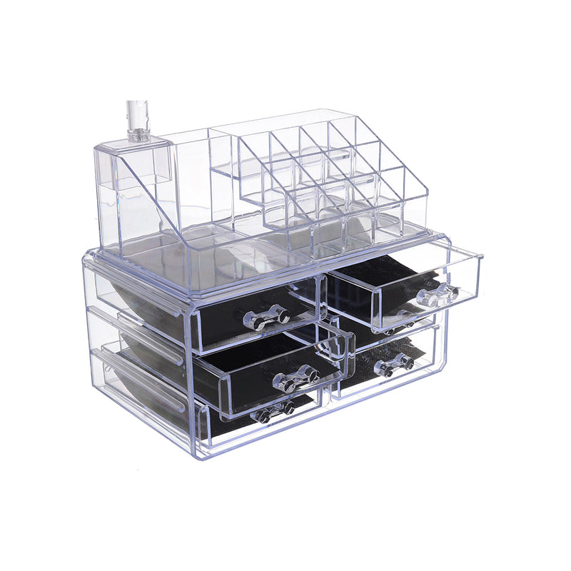 Stand and organizer for makeup and accessories, 6 drawers x 2 storage boxes with mirror - clear acrylic