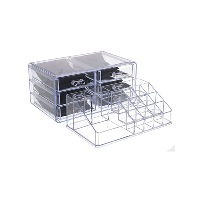 Stand and organizer for makeup and accessories, 6 drawers x 2 storage boxes with mirror - clear acrylic