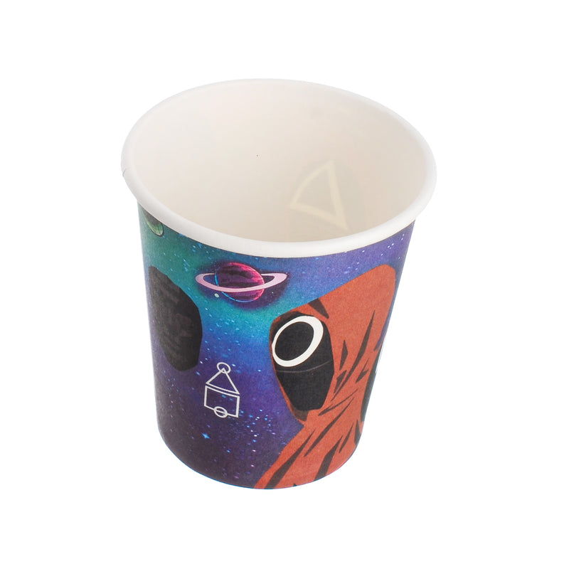 A set of printed paper cups in different shapes, 10 pieces