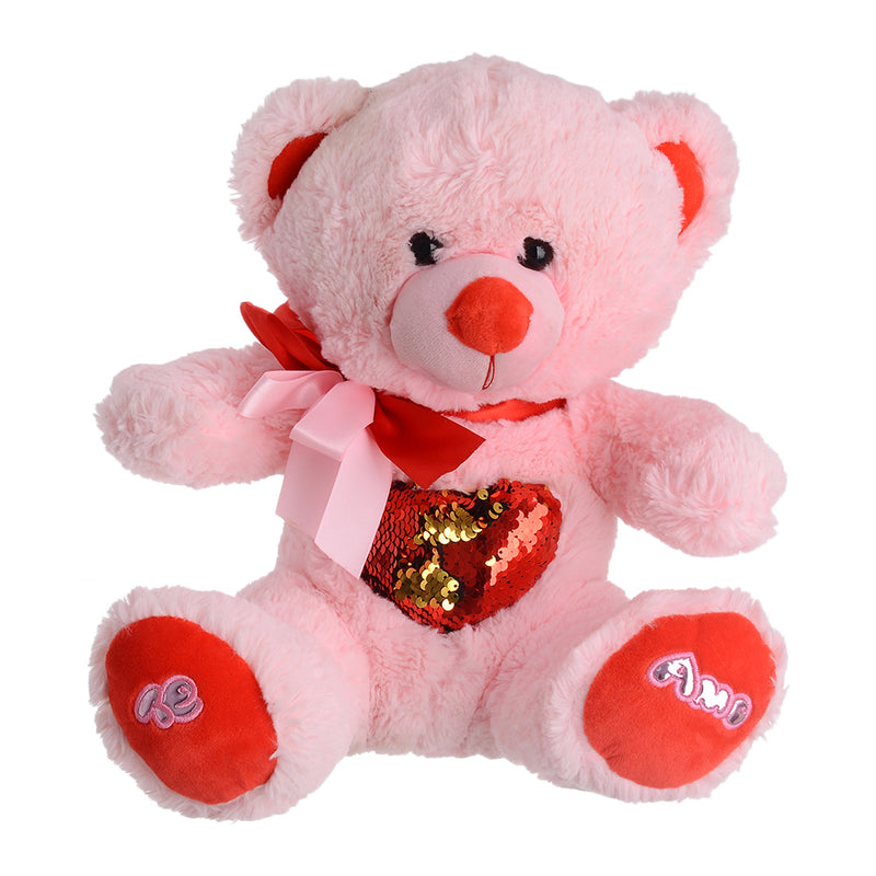 Soft fur teddy bear shape doll with a pink sequin heart design