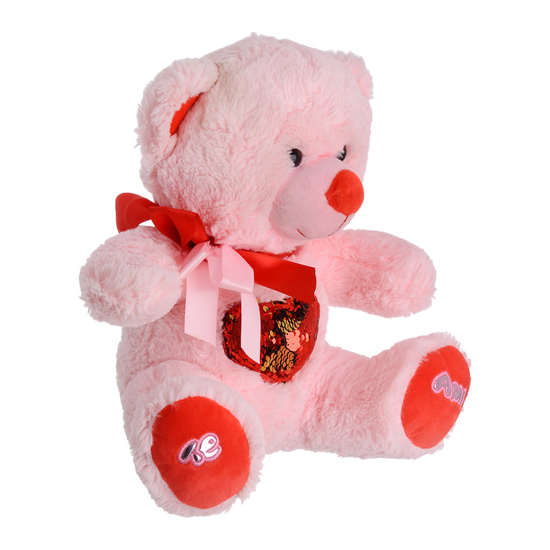 Soft fur teddy bear shape doll with a pink sequin heart design