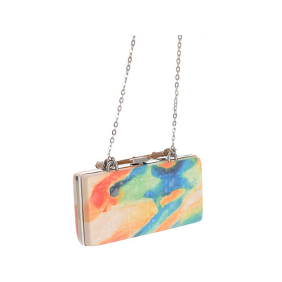 A rectangular women's bag with a wooden handle on the top and a silver chain