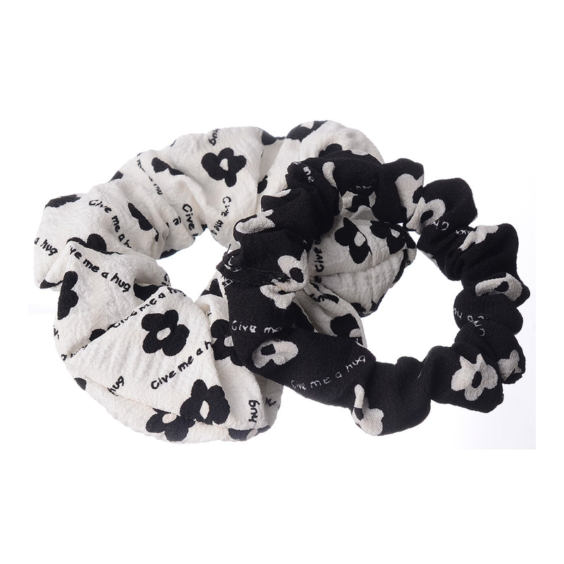 A set of hair scrunchies for women, 2 pieces, patterned with flowers, white*black