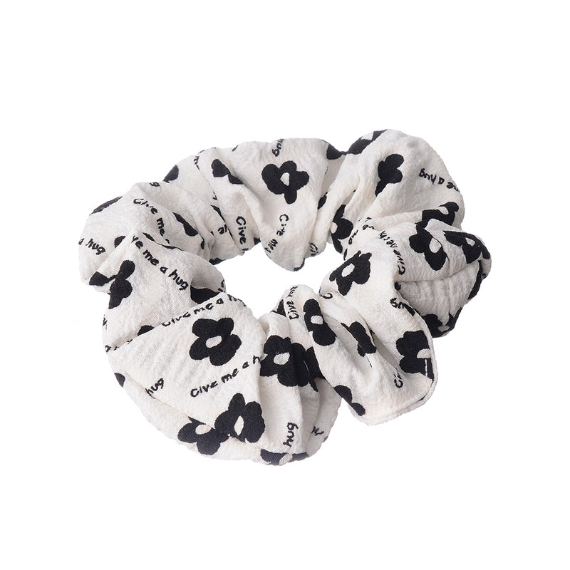 A set of hair scrunchies for women, 2 pieces, patterned with flowers, white*black