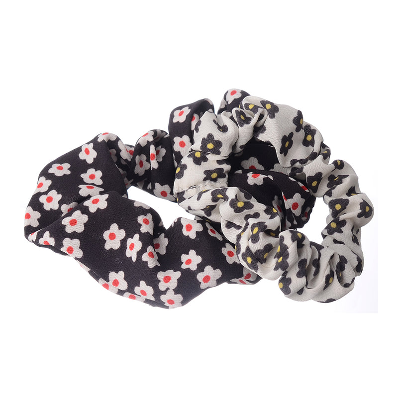 A set of hair scrunchies for women, 2 pieces, patterned with small flowers, brown*white