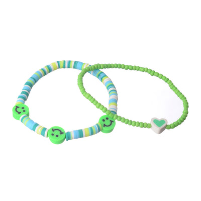 2 bracelets made of beads and rubber (heart and smile)