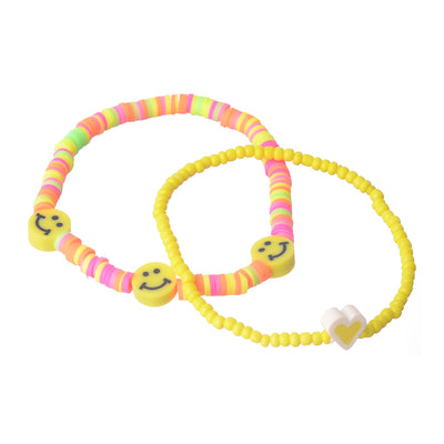 2 bracelets made of beads and rubber (heart and smile)