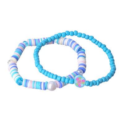 2 elastic bracelets made of multi-colored beads and rubber