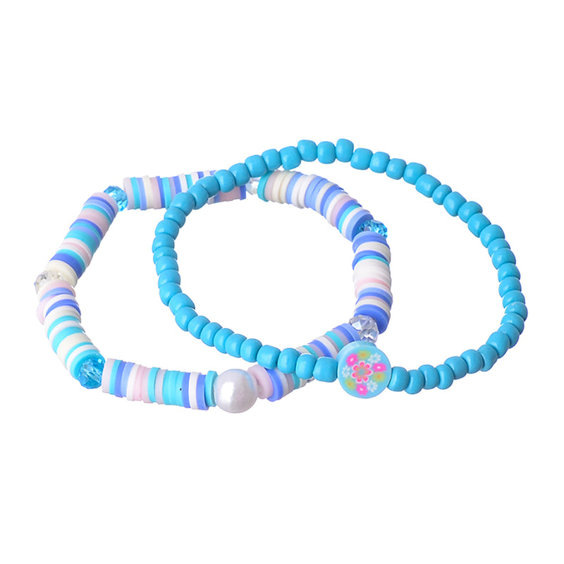 2 elastic bracelets made of multi-colored beads and rubber