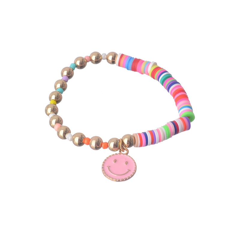 An elastic wrist bracelet made of multi-colored beads and rubber with a smile pendant