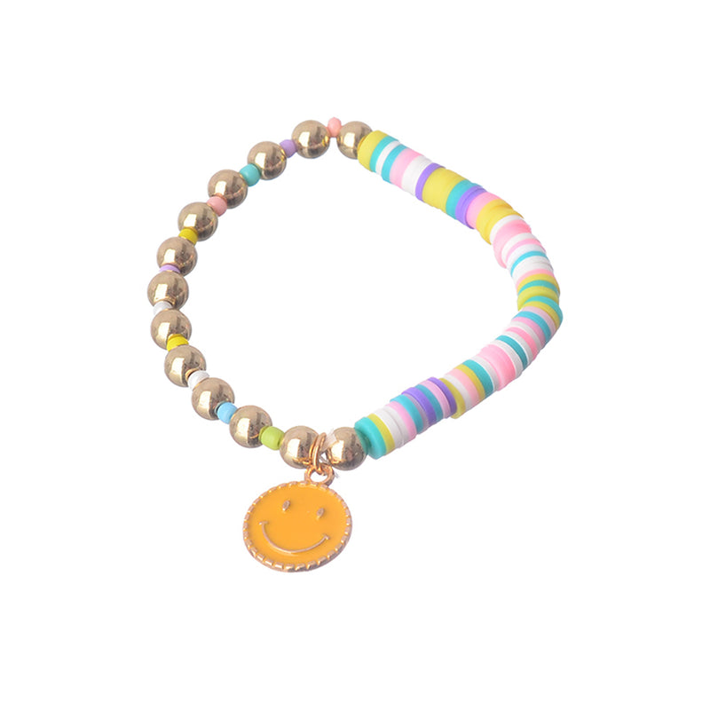 An elastic wrist bracelet made of multi-colored beads and rubber with a smile pendant