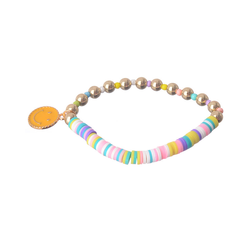 An elastic wrist bracelet made of multi-colored beads and rubber with a smile pendant