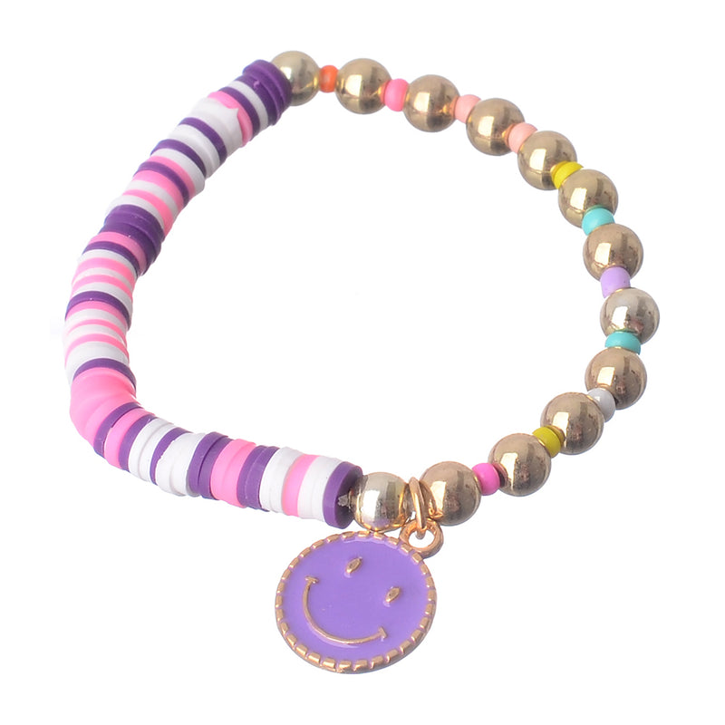 An elastic wrist bracelet made of multi-colored beads and rubber with a smile pendant