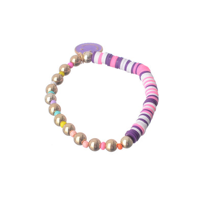 An elastic wrist bracelet made of multi-colored beads and rubber with a smile pendant