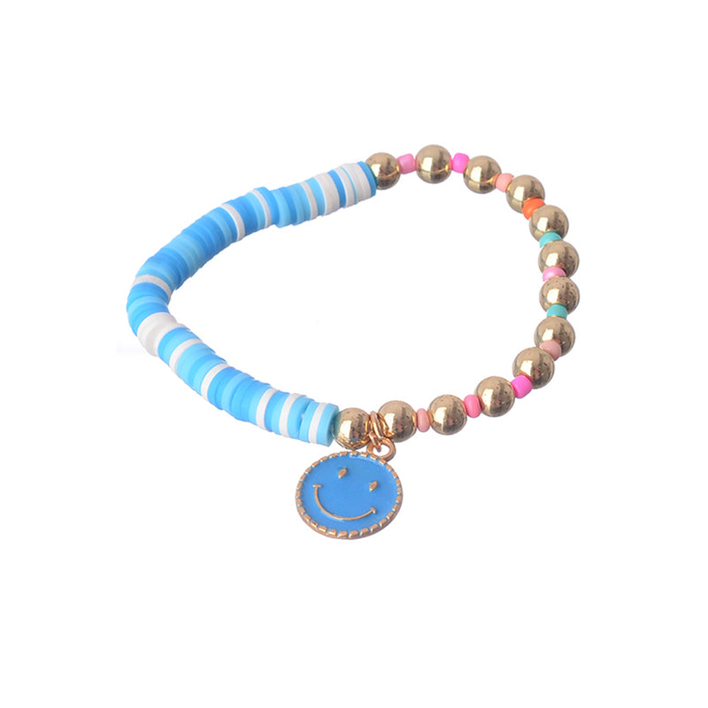 An elastic wrist bracelet made of multi-colored beads and rubber with a smile pendant