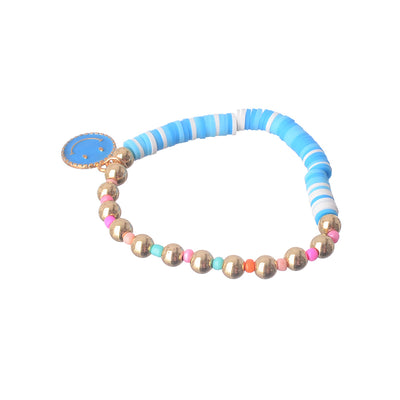 An elastic wrist bracelet made of multi-colored beads and rubber with a smile pendant