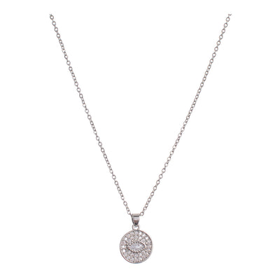 A thin chain with a circular pendant containing an eye studded with silver lobes