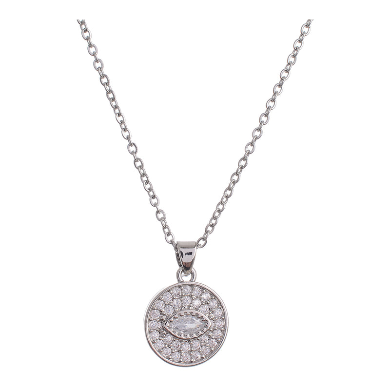 A thin chain with a circular pendant containing an eye studded with silver lobes