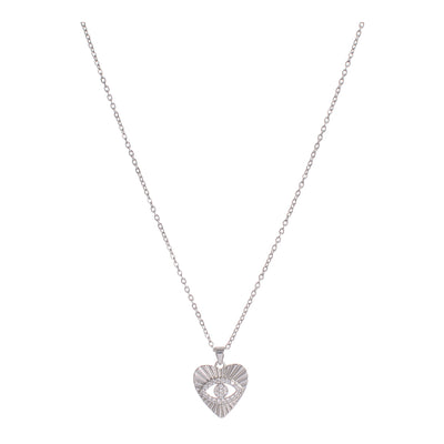 A thin chain with a heart pendant containing an eye studded with small silver lobes