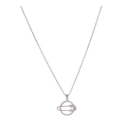 A thin chain with a circular pendant studded with small lobes and a silver pin inside