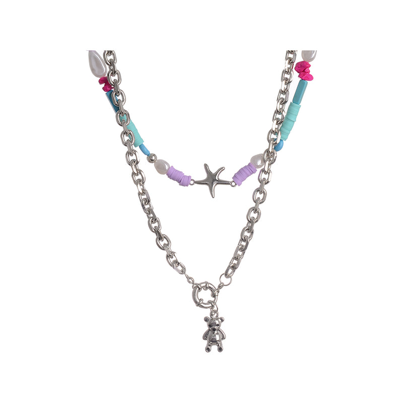 Multi-colored rapper necklace with star pendant + wide chain necklace