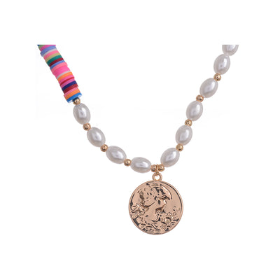 Rapper's multi-colored, white pearl necklace with a coin-shaped pendant